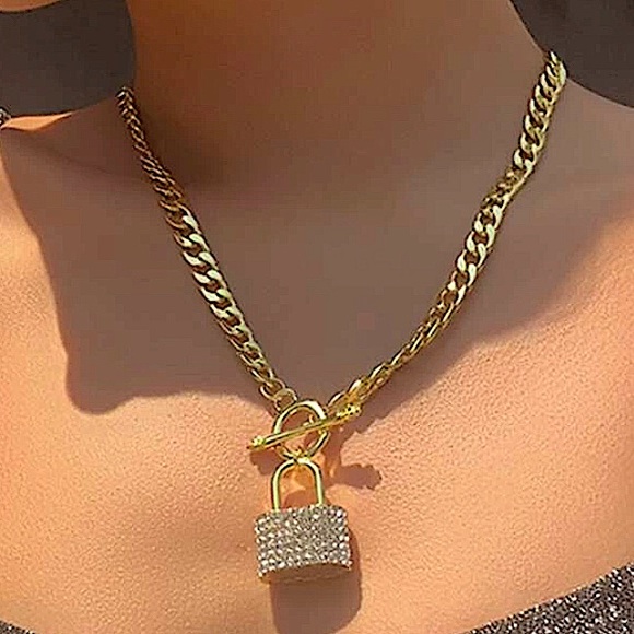Gold Lock Rhinestone Chain Link Toggle Necklace - Picture 5 of 10
